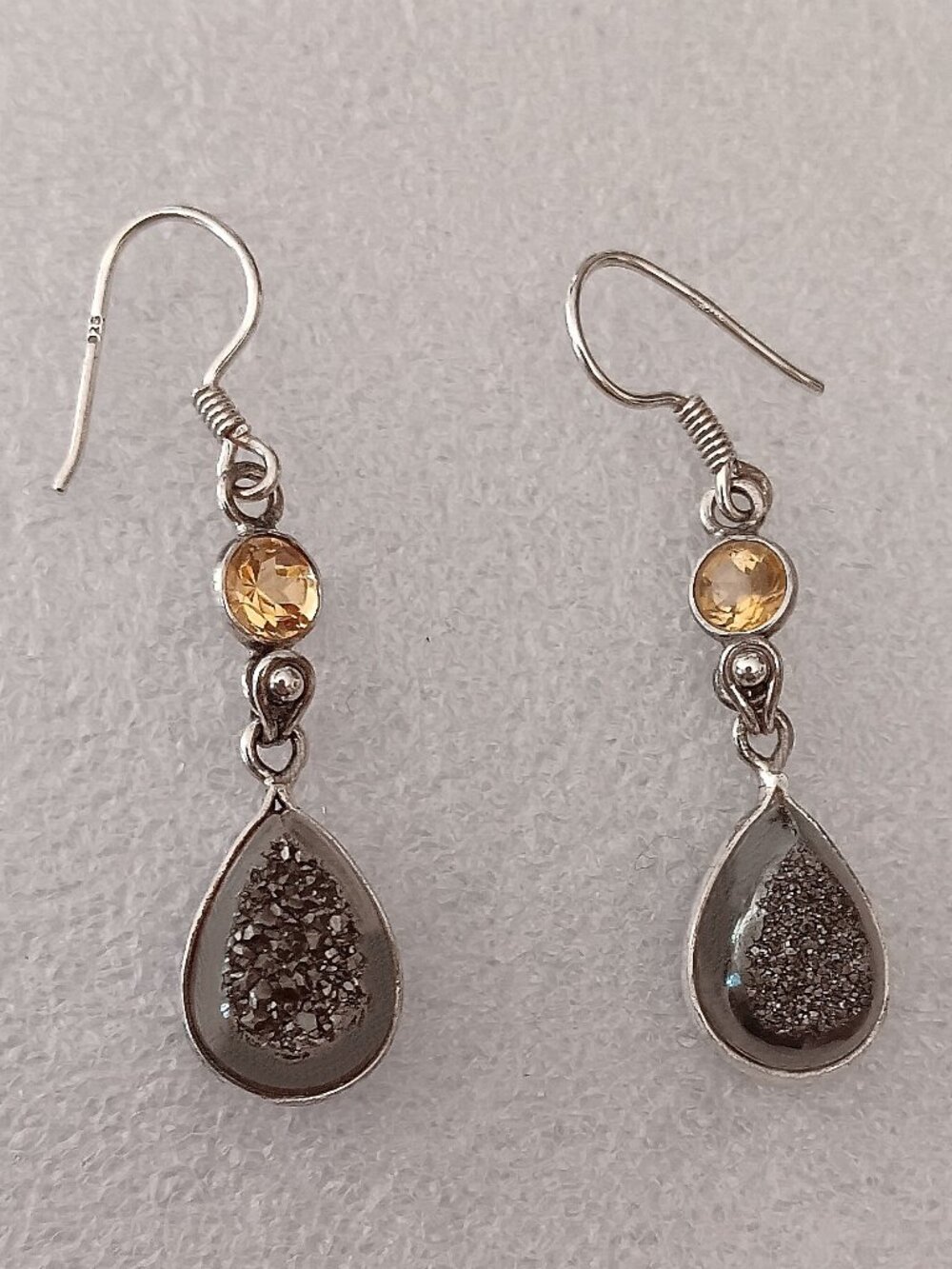 New - Sparkling Gray/Black Titanium Druzy, Citrine 925 Sterling Silver Earrings